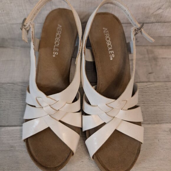 Aerosoles Womens White Wedge Sandals Size 9.5M Cork Heel Adjustable Buckle Strap - Picture 2 of 6